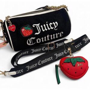 Juicy Couture Barrel Crossbody Bag Black White Strawberry Pouch Purse